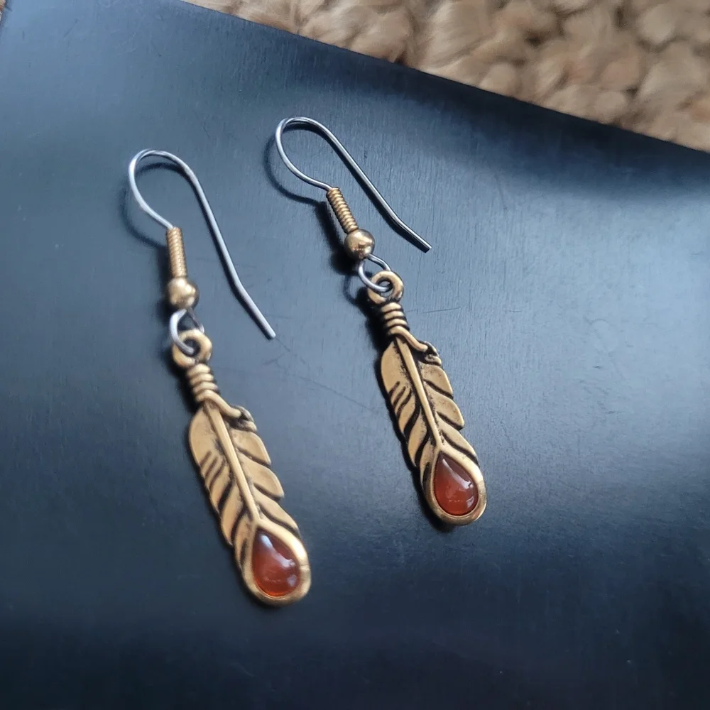 Brassy Feathered Dangle Earrings with Amber Colored Stone - Picture 1 of 4